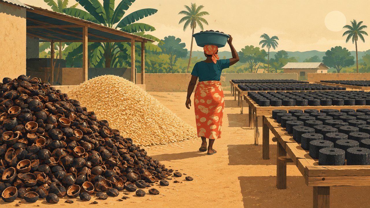 Illustration zur Meldung: Eine Gründerin in Benin macht aus Palmkernschalen Brennstoff, der länger brennt und weniger kostet als Holzkohle