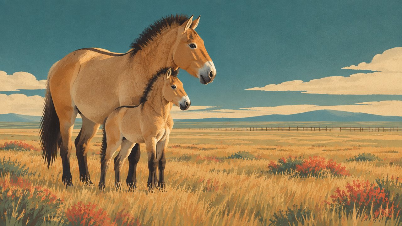 Illustration zur Meldung: In Kasachstan sind zum ersten Mal seit rund zwei Jahrhunderten wieder Przewalski-Fohlen geboren