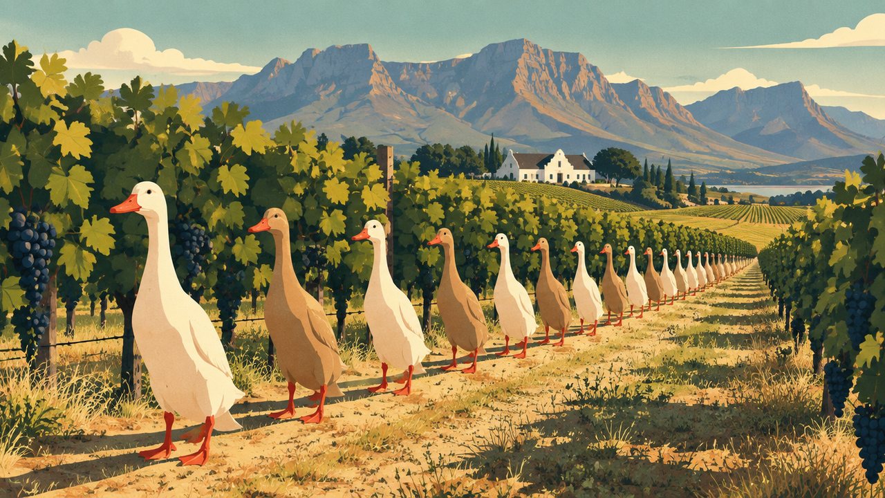 Illustration zur Meldung: Ein südafrikanisches Weingut schickt seit Jahrzehnten Enten statt Gift in die Reben, jetzt ziehen die Nachbarn nach